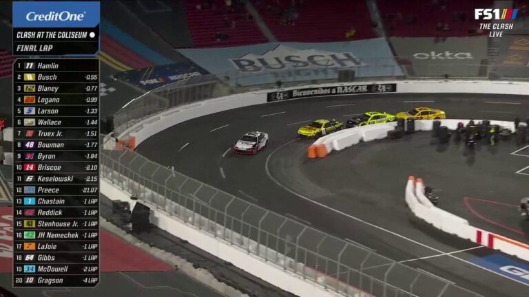 Denny Hamlin earns the checkered flag at the Clash at the Coliseum