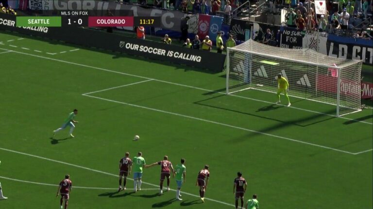 Raul Ruidiaz scores on the penalty kick to give Seattle a 1-0 lead over Colorado