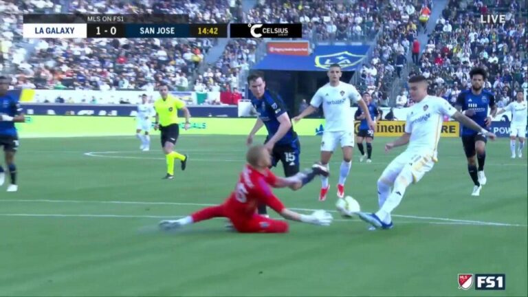 Gabriel Pec finds the net to give LA Galaxy a 1-0 lead over San Jose