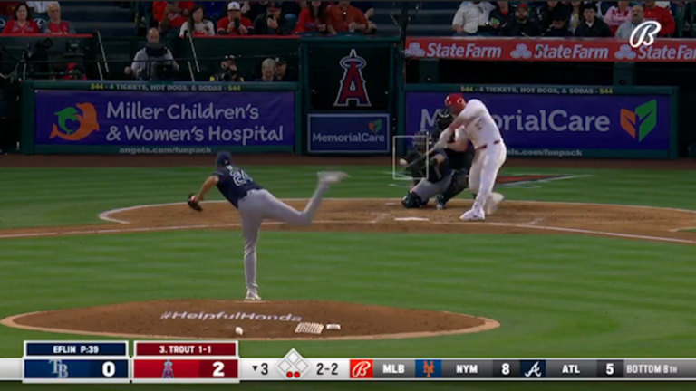 Mike Trout launches his fifth home run of the season to tie the MLB lead