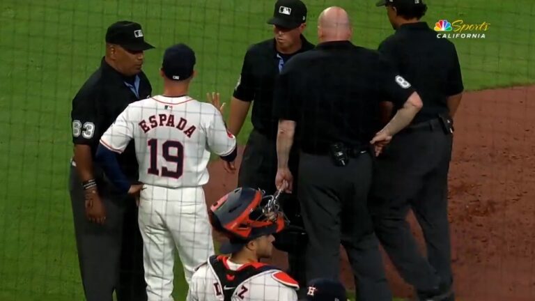 Astros pitcher Ronel Blanco is ejected for use of a foreign substance on his glove vs. A