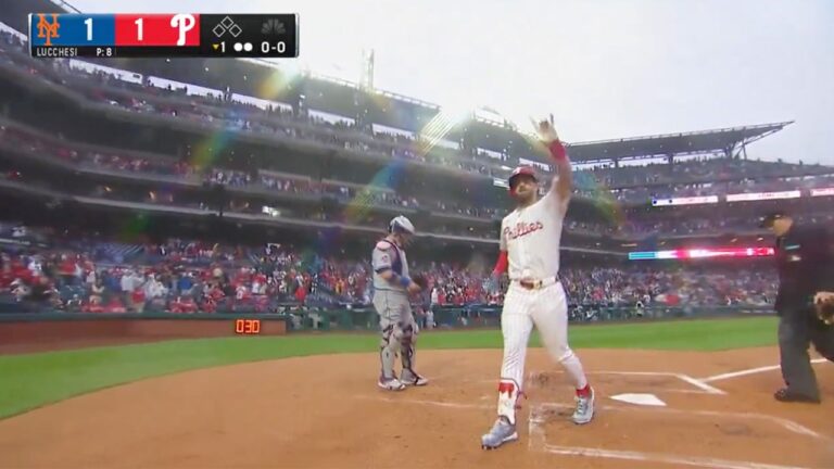 Bryce Harper launches his tenth homer of the year against the Mets, evening the score at 1-1