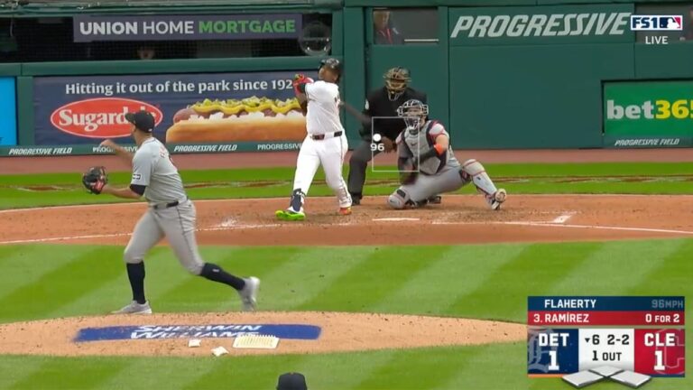 José Ramírez deposits a solo home run into right field, giving the Guardians the lead against the Tigers