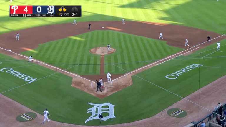 Aaron Nola, Bryce Harper and Alec Bohm turn a triple play to end the third inning vs. Tigers