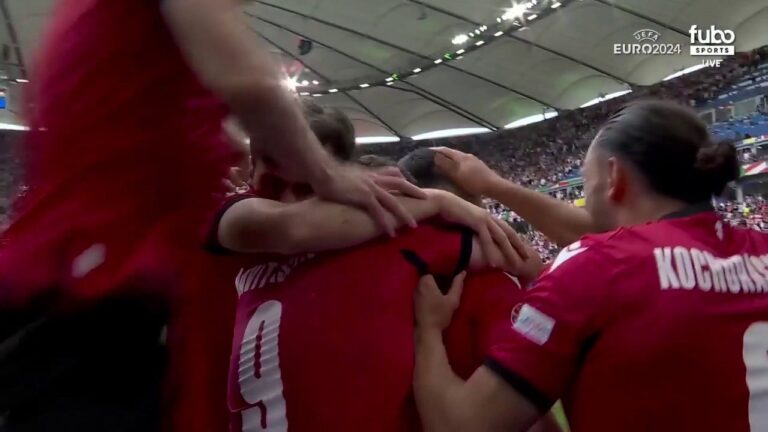 Georges Mikautadze scores on penalty kick after VAR indicates a handball, giving Georgia a 1-0 lead over Czechia