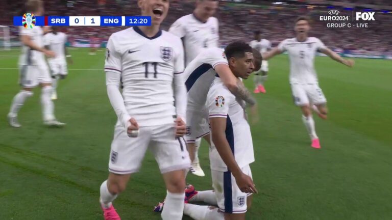 Jude Bellingham scores a header following a great cross from Bukayo Saka to give England a 1-0 lead over Serbia