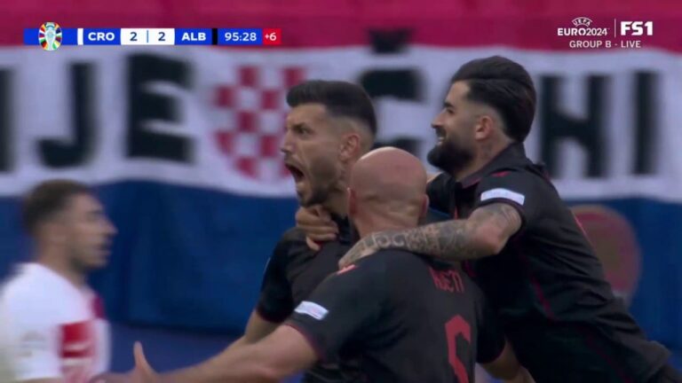 Klaus Gjasula scores in stoppage time to bring Albania to a 2-2 draw with Croatia