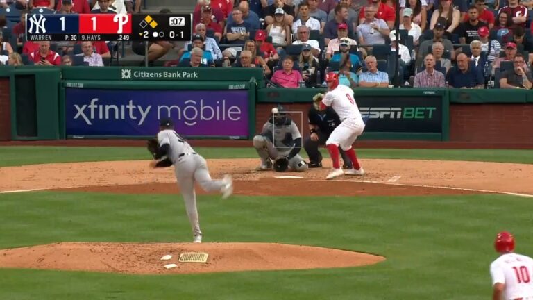 Austin Hays hits a three-run homer against the Yankees, his first home run for Philadelphia