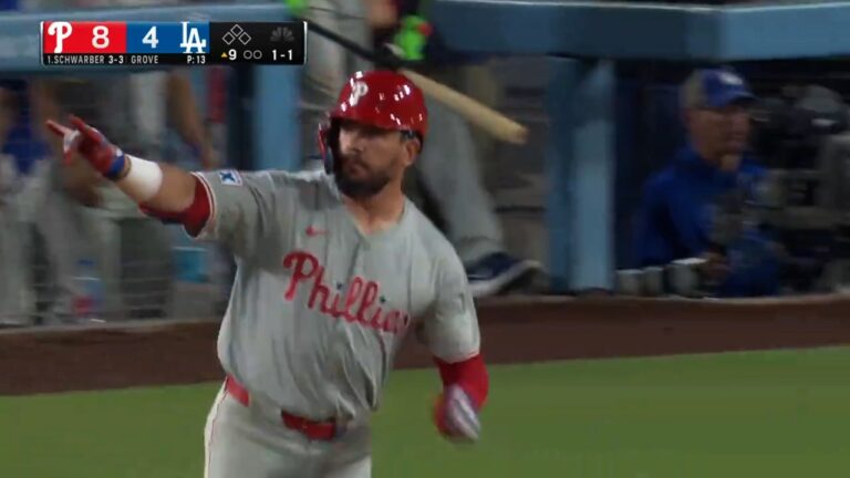 Kyle Schwarber hits his third home run of the night, extending Phillies