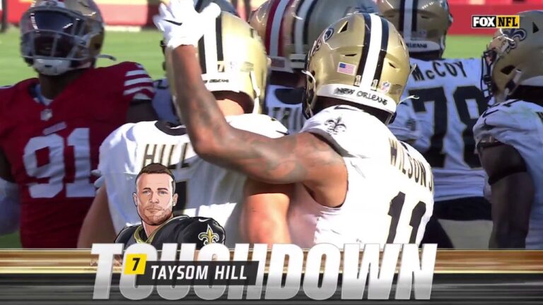 Taysom Hill powers in a one-yard rushing TD, giving Saints a 7-0 lead over 49ers