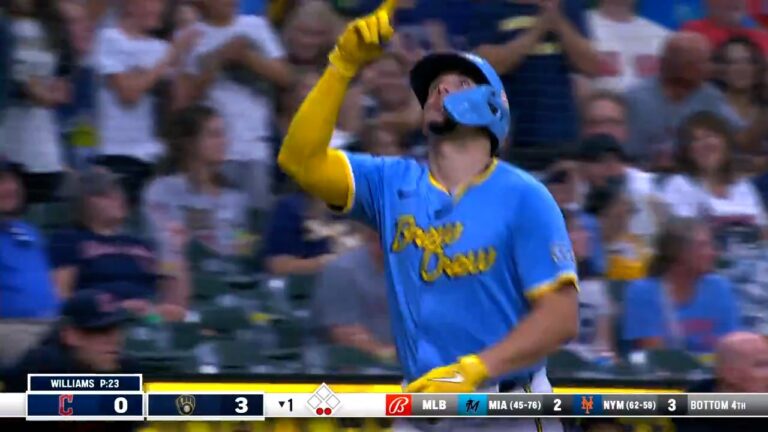 Willy Adames hits his 10th three-run homer of the season to give Brewers a 3-0 lead over Guardians