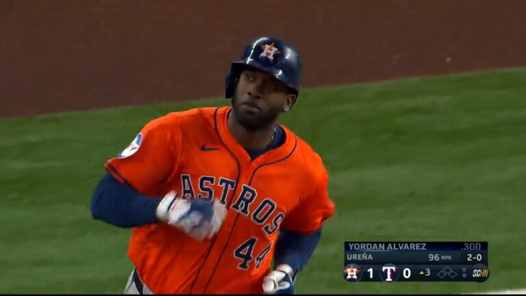 Yordan Alvarez lines a 117 mph home run to dead center field, putting the Astros up 2-0 over the Rangers