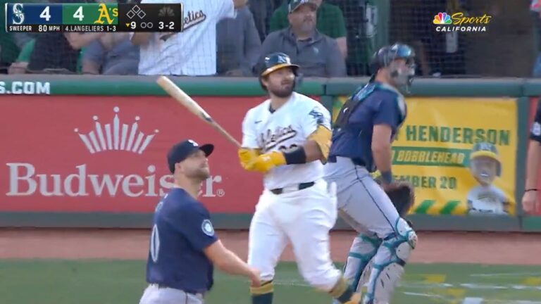 Shea Langeliers collects his first walkoff hit for the Athletics, his second homer of the day against the Mariners