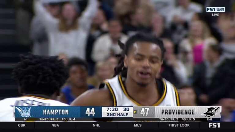 Bensley Joseph finds Corey Floyd Jr. for a TOUGH ALLEY-OOP dunk as Providence leads 47-43 vs. Hampton