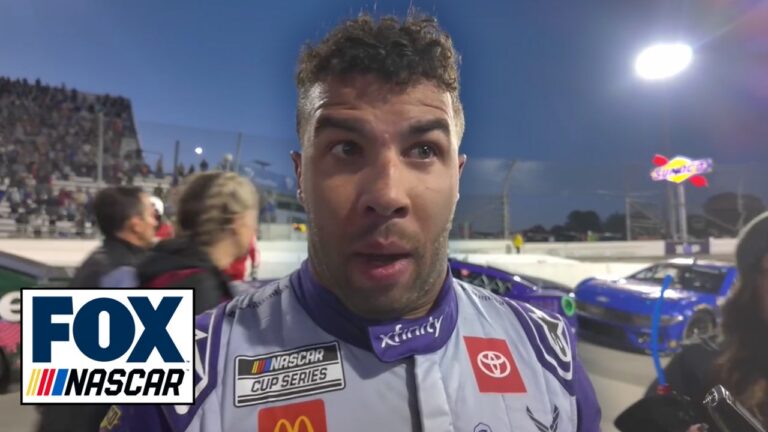 Bubba Wallace speaks on his car at the end of Sunday